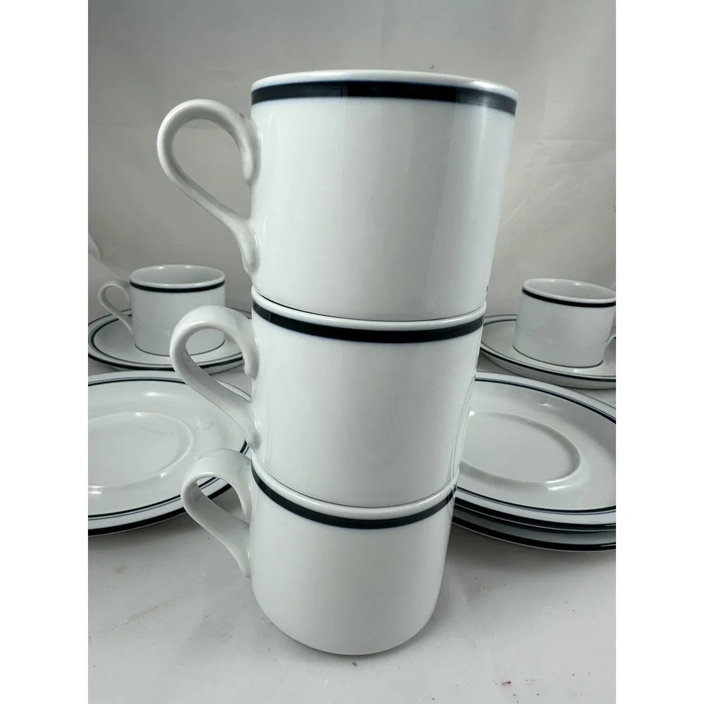 Dansk Bistro Mugs Blue & White Saucers Portugal Set Of 6